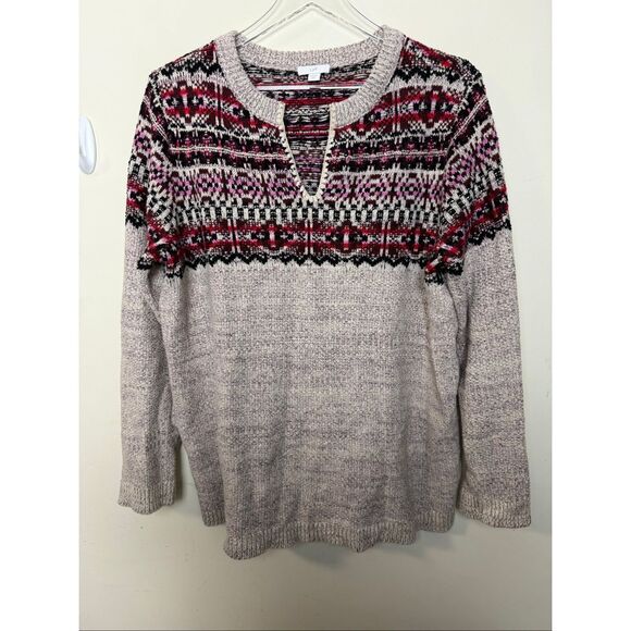 J.Jill Fair Isle Tribal Knit Sweater Size L Tall Multicolor Winter Boho Pullover - Picture 1 of 4